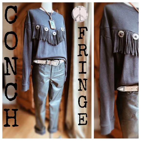 Sweatshirt Black Fringe and Metal Conch - Picture 2 of 8